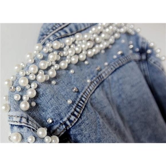 Women's Embroidered Rivet Pearl Short Denim Jacket Coat Blue - Picture 4 of 6